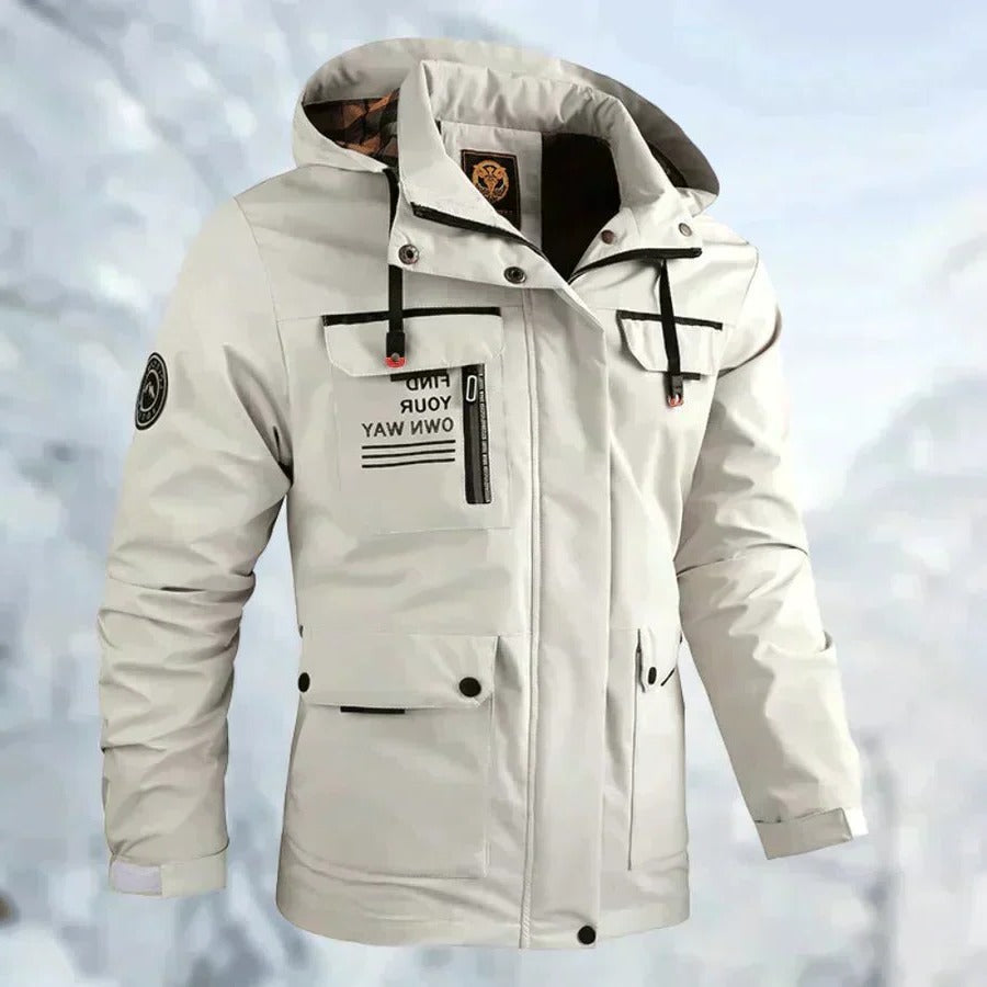 Men's Outdoor Jacket with Breathable Membrane and Removable Hood for Rain Protection