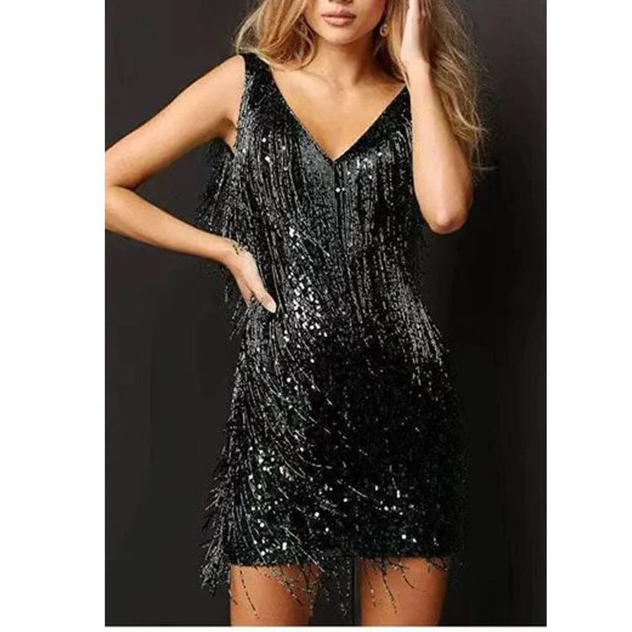 Sleeveless Cocktail Dress with Layered Fringe and Adjustable Straps, Above Knee Length