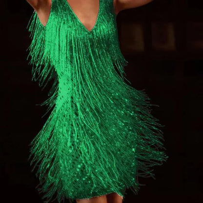 Sleeveless Cocktail Dress with Layered Fringe and Adjustable Straps, Above Knee Length