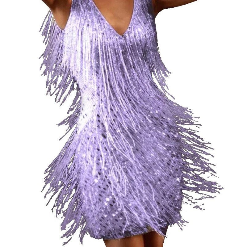 Sleeveless Cocktail Dress with Layered Fringe and Adjustable Straps, Above Knee Length