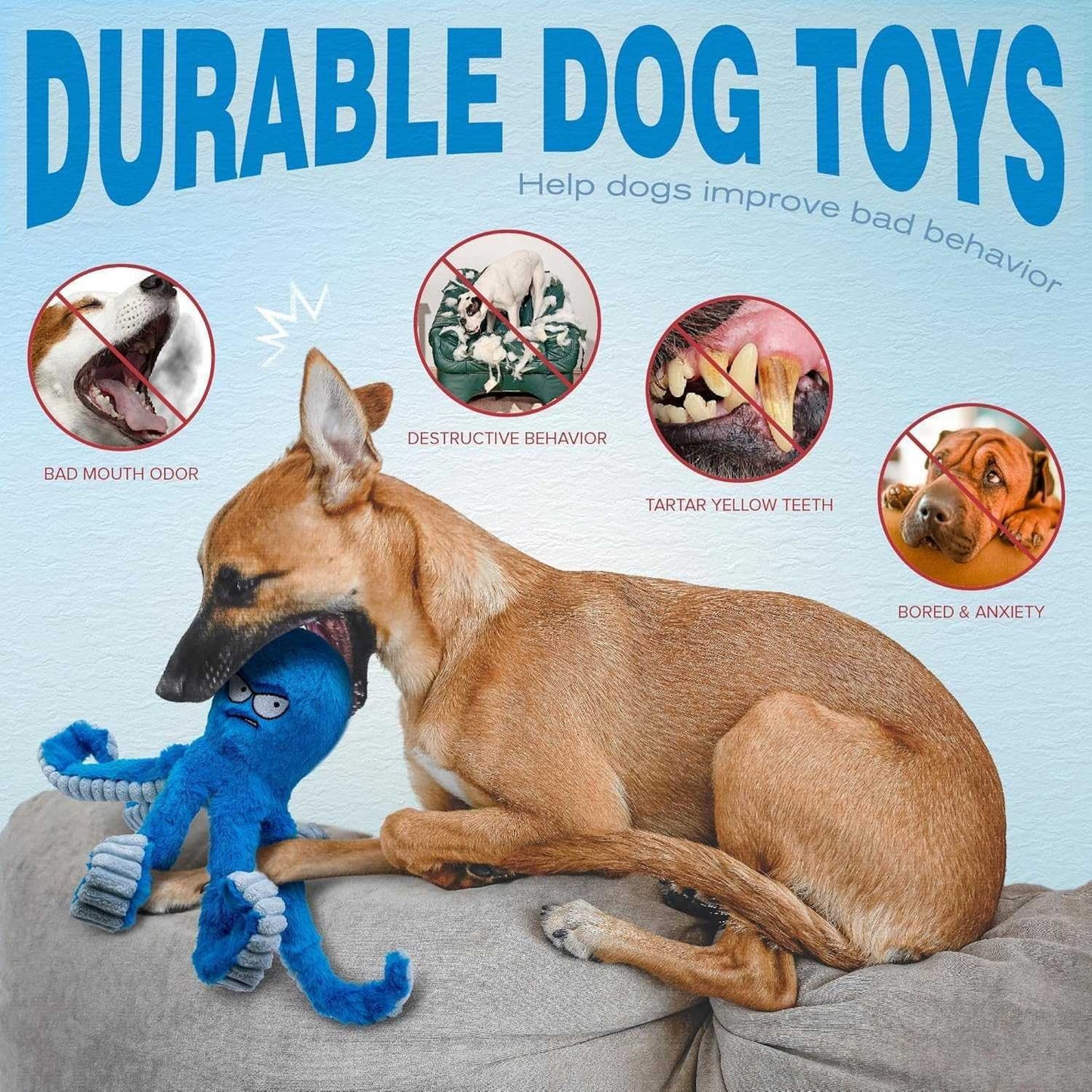 Durable Squeaky Octopus Dog Toy with Crinkle Texture for Chewing