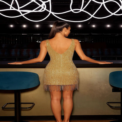 Sleeveless Cocktail Dress with Layered Fringe and Adjustable Straps, Above Knee Length