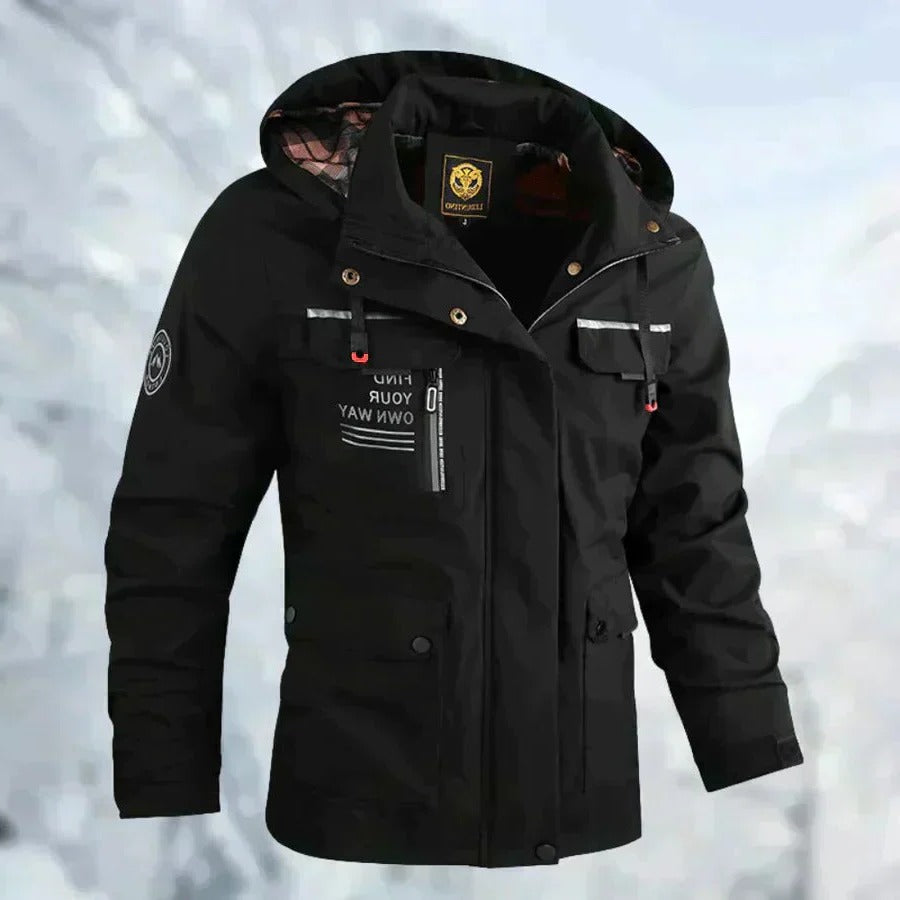 Men's Outdoor Jacket with Breathable Membrane and Removable Hood for Rain Protection