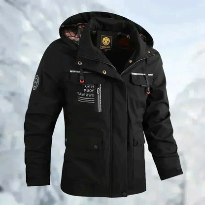 Men's Outdoor Jacket with Breathable Membrane and Removable Hood for Rain Protection