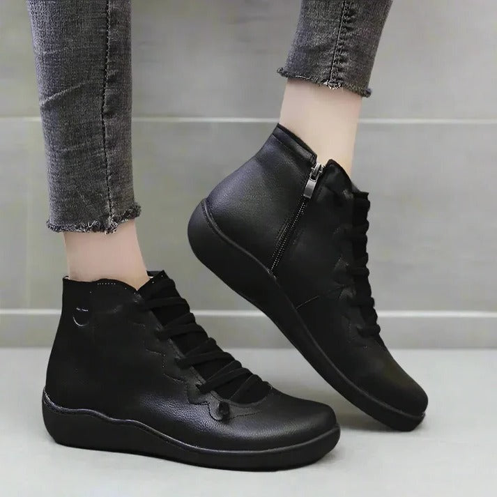 Women's Leather-Look Ankle Boots with Chunky Heel and Side Zipper Closure
