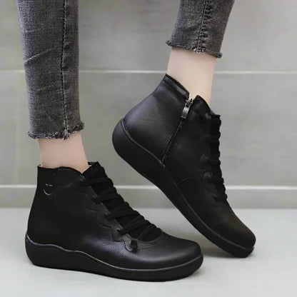 Women's Leather-Look Ankle Boots with Chunky Heel and Side Zipper Closure