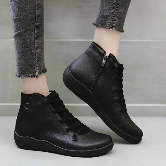 Women's Leather-Look Ankle Boots with Chunky Heel and Side Zipper Closure