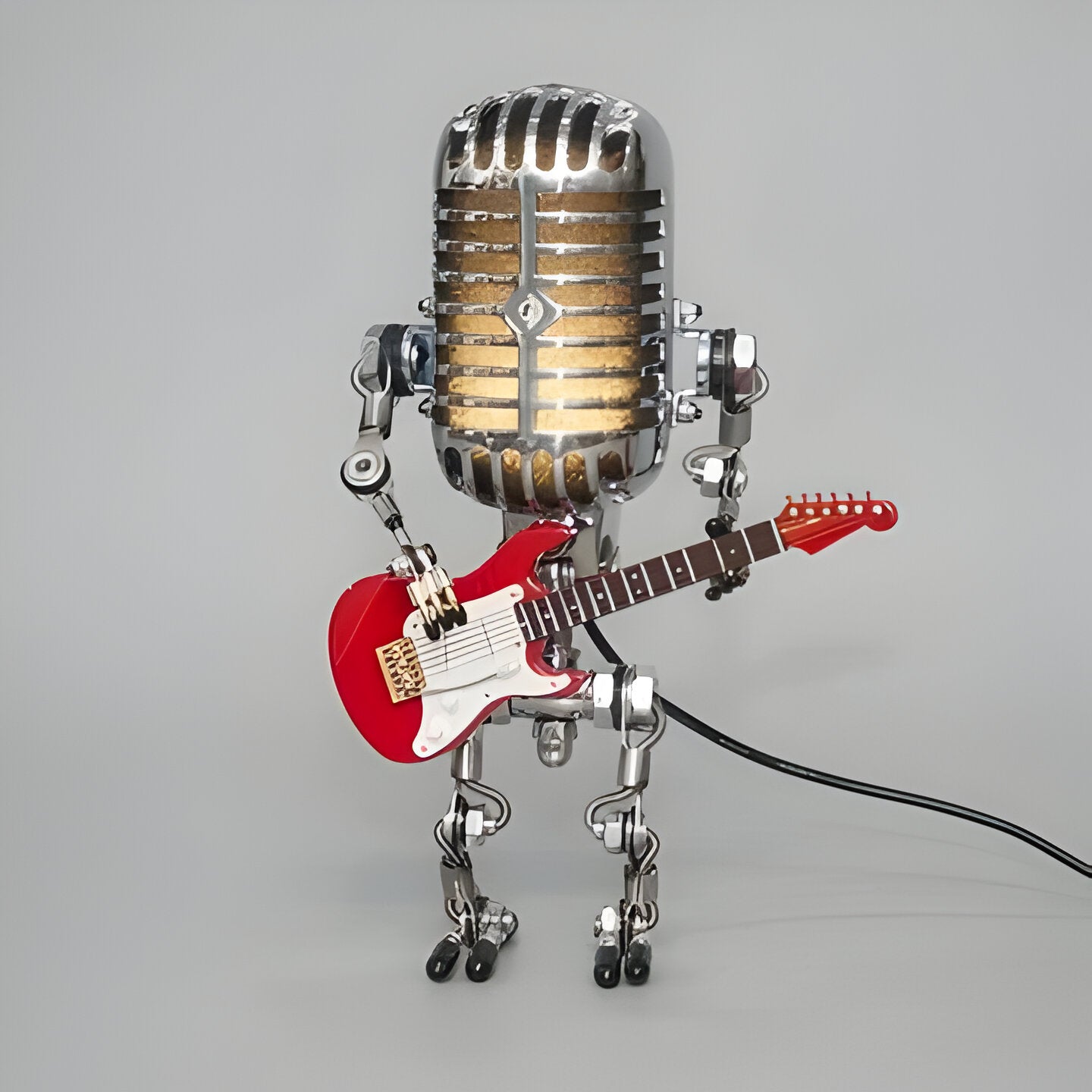 Vintage Metal Microphone Robot With Guitar Lamp