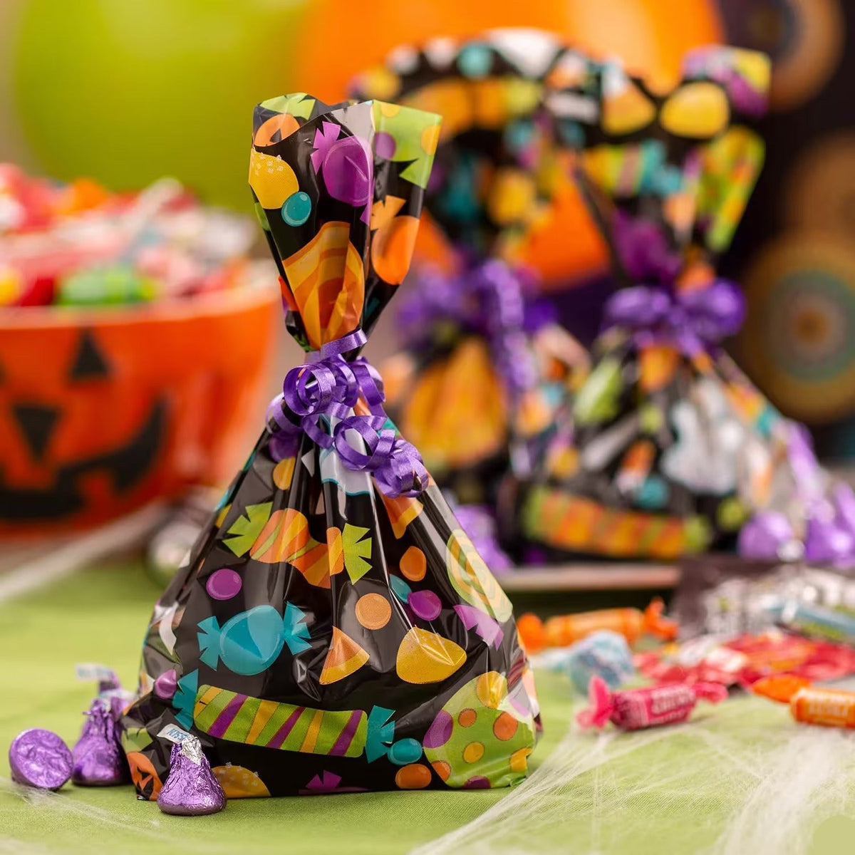 Black Halloween Treat Bags with Ghost and Candy Print Pack of 12 for Classroom Parties and Handouts