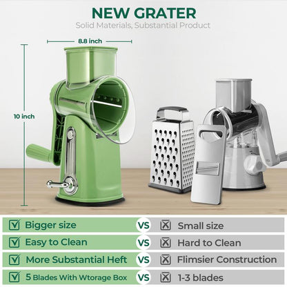 Rotary Vegetable Grater with Five Interchangeable Blades and Suction Cup Base
