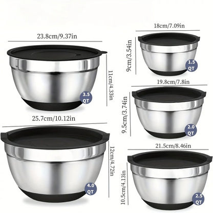 8 Piece Stainless Steel Baking Bowl Set with Sealed Lids and Rubberized Non-Slip Base
