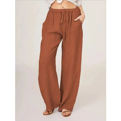 Women's Casual Linen Blend Wide Leg Pants with Drawstring Waist and Side Pockets