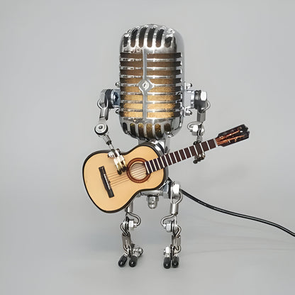 Vintage Metal Microphone Robot With Guitar Lamp
