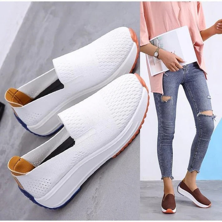 Women's Textured Knit Slip-On Sneakers with Colorblock Platform Sole