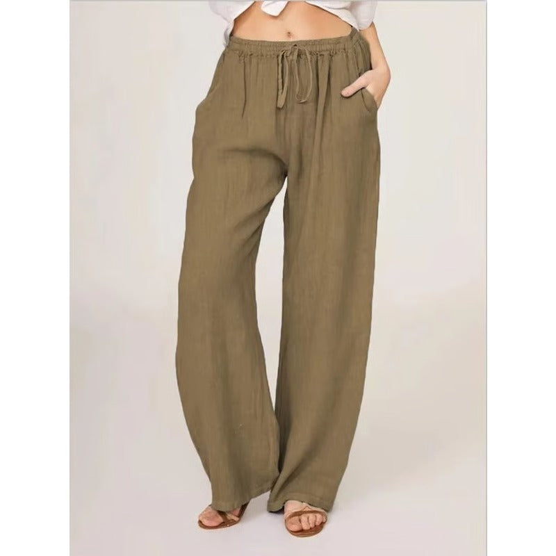 Women's Casual Linen Blend Wide Leg Pants with Drawstring Waist and Side Pockets