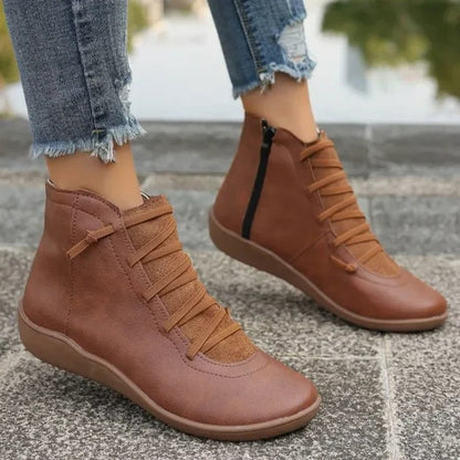 Women's Leather-Look Ankle Boots with Chunky Heel and Side Zipper Closure