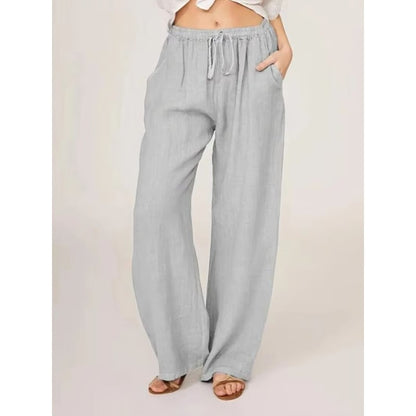 Women's Casual Linen Blend Wide Leg Pants with Drawstring Waist and Side Pockets