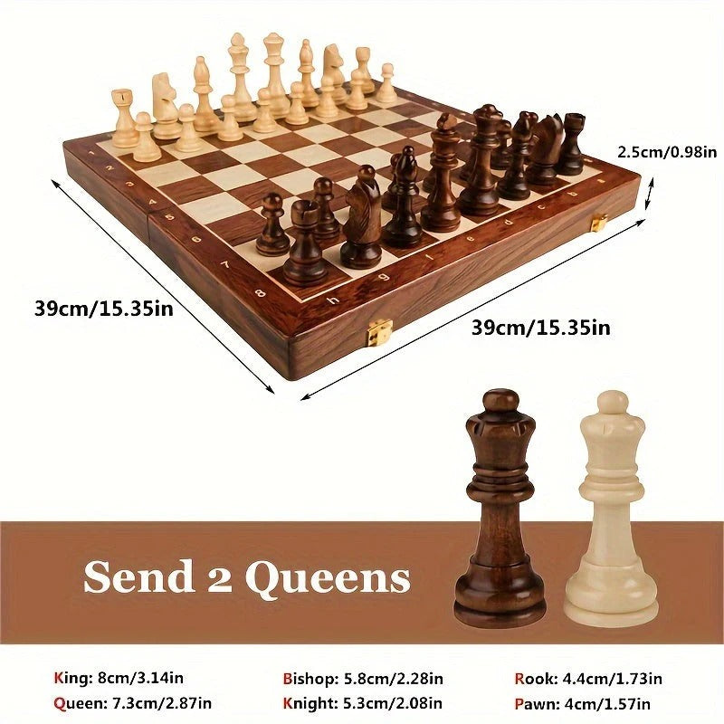 Wooden Chess Set with 34 Pieces and Marked Board, 15.7 Inch