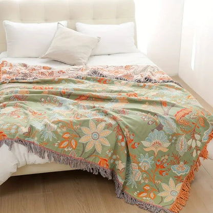 Cotton Floral Blanket with Boho Pattern