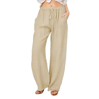 Women's Casual Linen Blend Wide Leg Pants with Drawstring Waist and Side Pockets