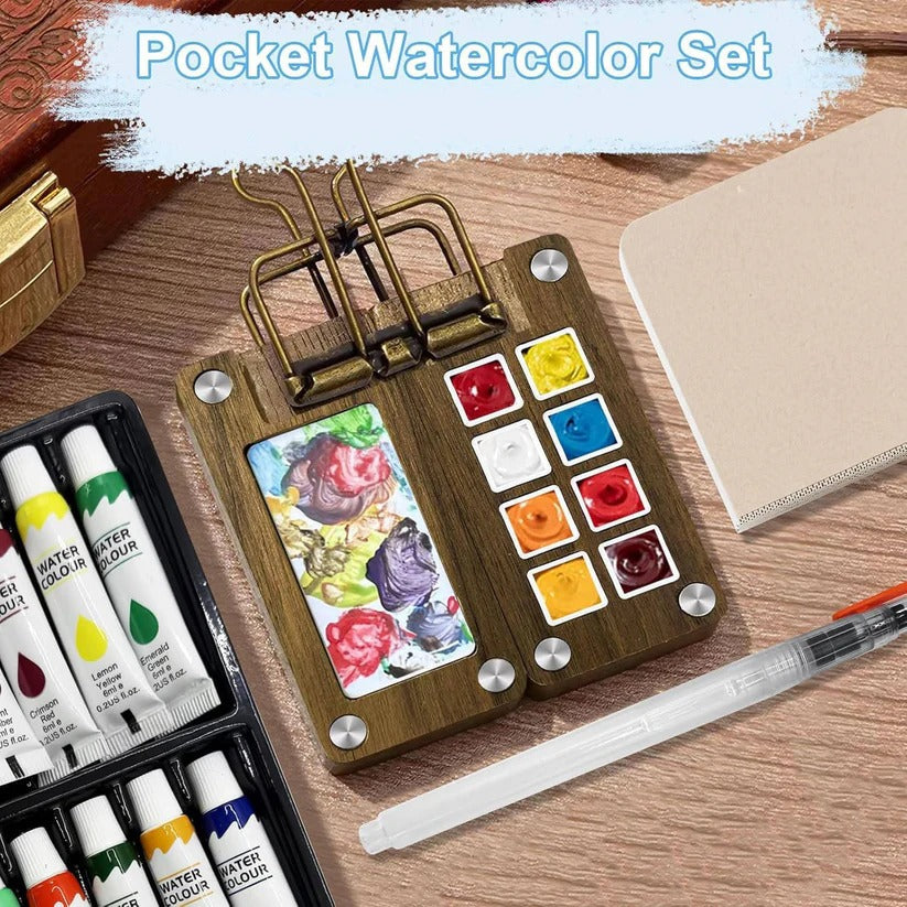 Mini Pocket Watercolor Palette Set with Paint Brush and Watercolor Book for Travel