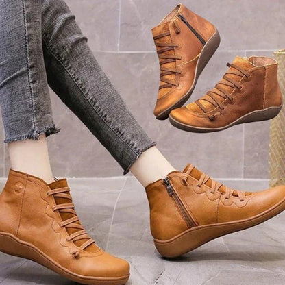 Women's Leather-Look Ankle Boots with Chunky Heel and Side Zipper Closure