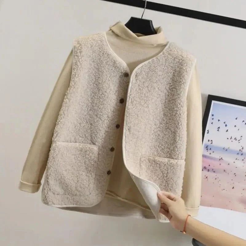 Womens Sherpa Fleece Vest with Button Front and Patch Pockets