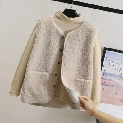 Womens Sherpa Fleece Vest with Button Front and Patch Pockets