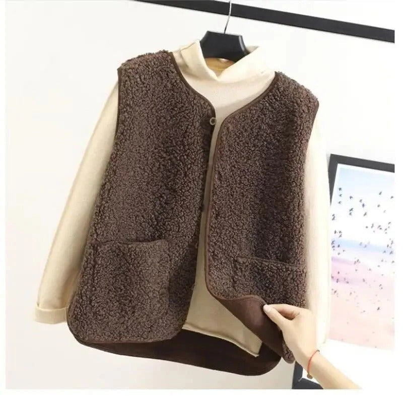 Womens Sherpa Fleece Vest with Button Front and Patch Pockets
