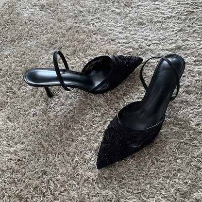 Pointed Toe Mesh Party Shoes with Elasticated Slingback Strap