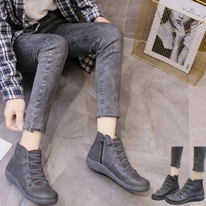 Women's Leather-Look Ankle Boots with Chunky Heel and Side Zipper Closure