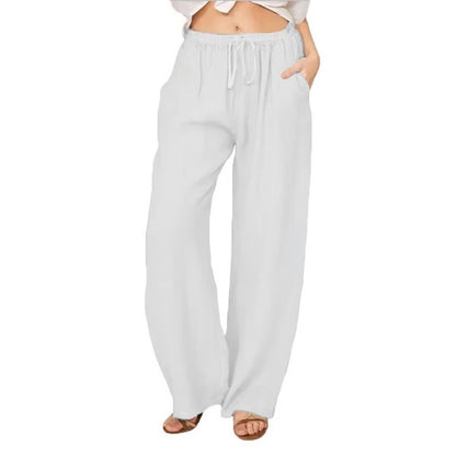 Women's Casual Linen Blend Wide Leg Pants with Drawstring Waist and Side Pockets