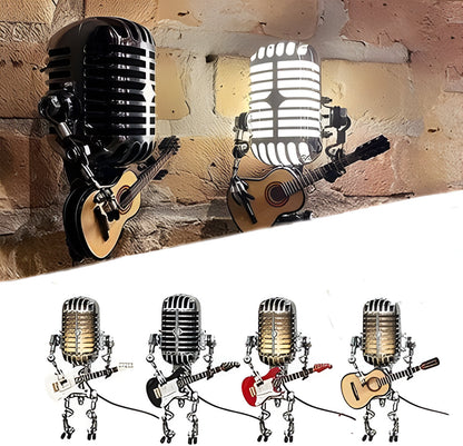 Vintage Metal Microphone Robot With Guitar Lamp