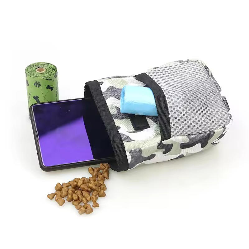 Dog Treat Pouch in 600D Oxford Cloth with a Belt Clip, Wide Opening and Mesh Pocket in Black or Camouflage