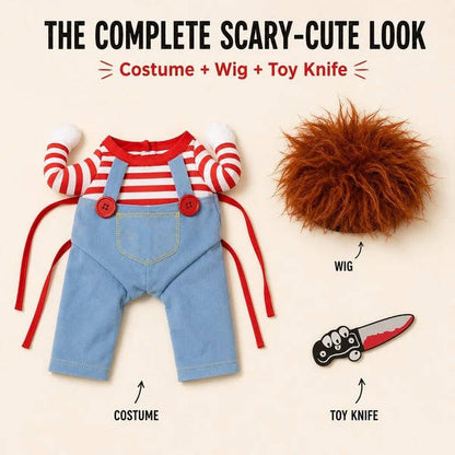 Scary Doll Dog Costume, Walking Illusion Halloween Pet Outfit with Wig and Prop Toy Knife for Trick or Treating