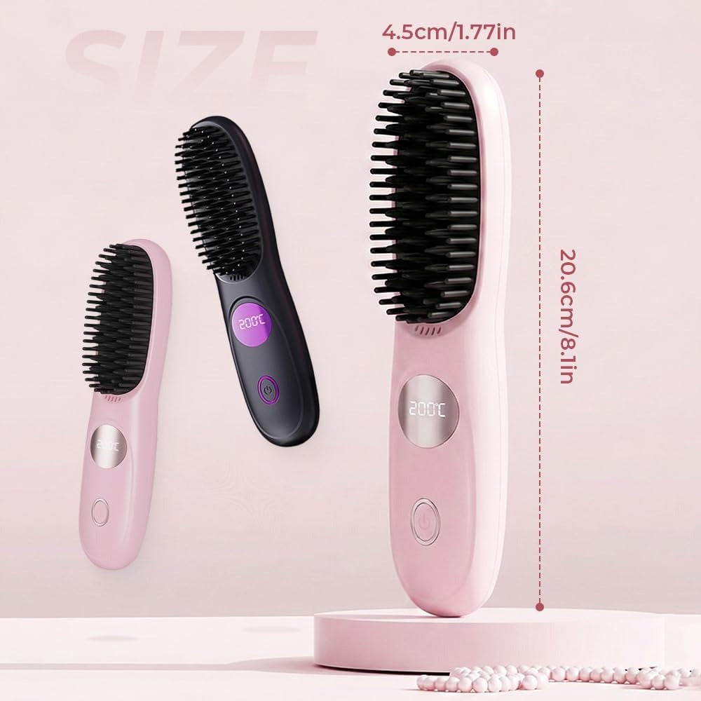 Cordless Hair Straightener Brush Comb with 3 Temperature Settings & Led Display, USB Rechargeable Fast Heating for Travel
