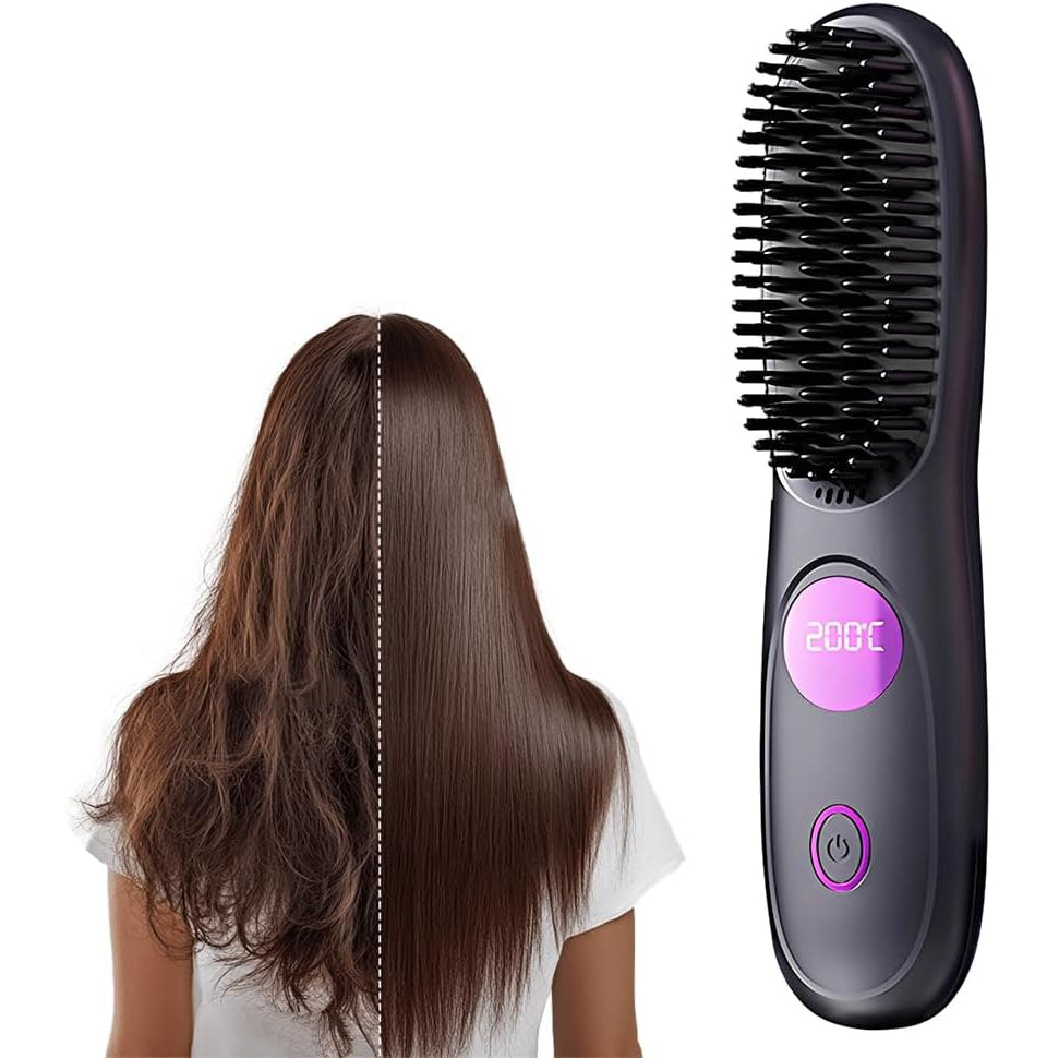 Cordless Hair Straightener Brush Comb with 3 Temperature Settings & Led Display, USB Rechargeable Fast Heating for Travel