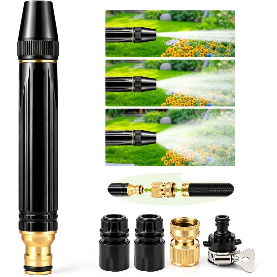 High Pressure Hose Nozzle, Metal Garden Hose Sprayer with 3 Spray Modes, Fits US Garden Hoses