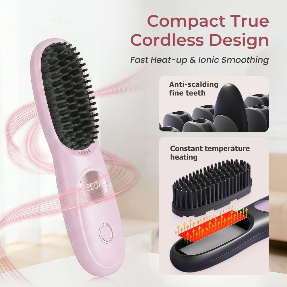 Cordless Hair Straightener Brush Comb with 3 Temperature Settings & Led Display, USB Rechargeable Fast Heating for Travel