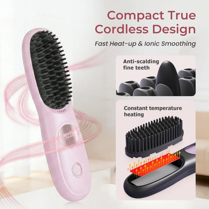 Cordless Hair Straightener Brush Comb with 3 Temperature Settings & Led Display, USB Rechargeable Fast Heating for Travel
