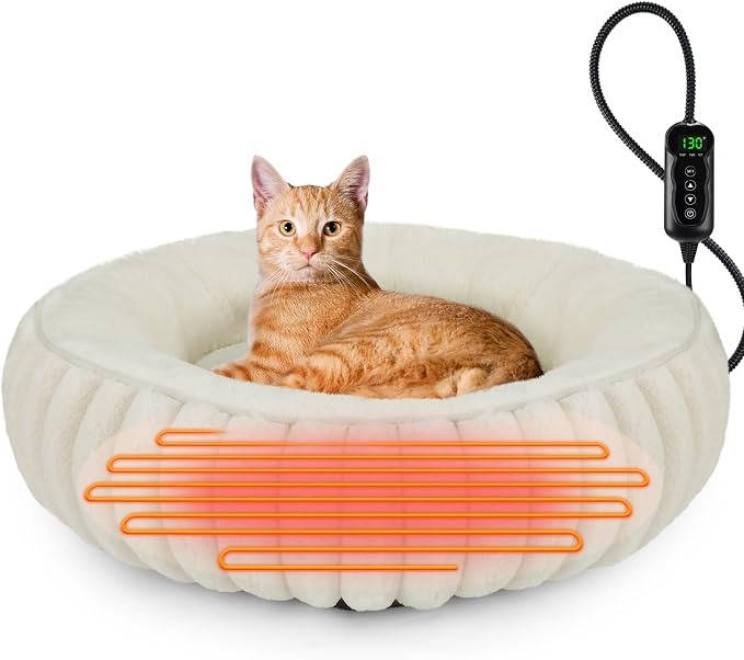 Heated Cat Bed for Indoor Cats & Small Dogs, 20 Inch Cozy Donut Pet Bed with Timer, Adjustable Temperature & Waterproof Cover