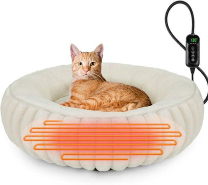 Heated Cat Bed for Indoor Cats & Small Dogs, 20 Inch Cozy Donut Pet Bed with Timer, Adjustable Temperature & Waterproof Cover