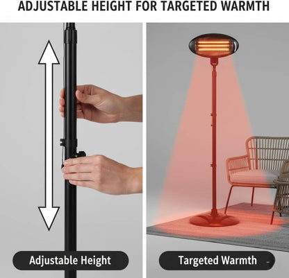 2000W Black Outdoor Patio Heater, Electric Freestanding Heater, 3 Heat Settings, Adjustable Height 1.3x2.0M