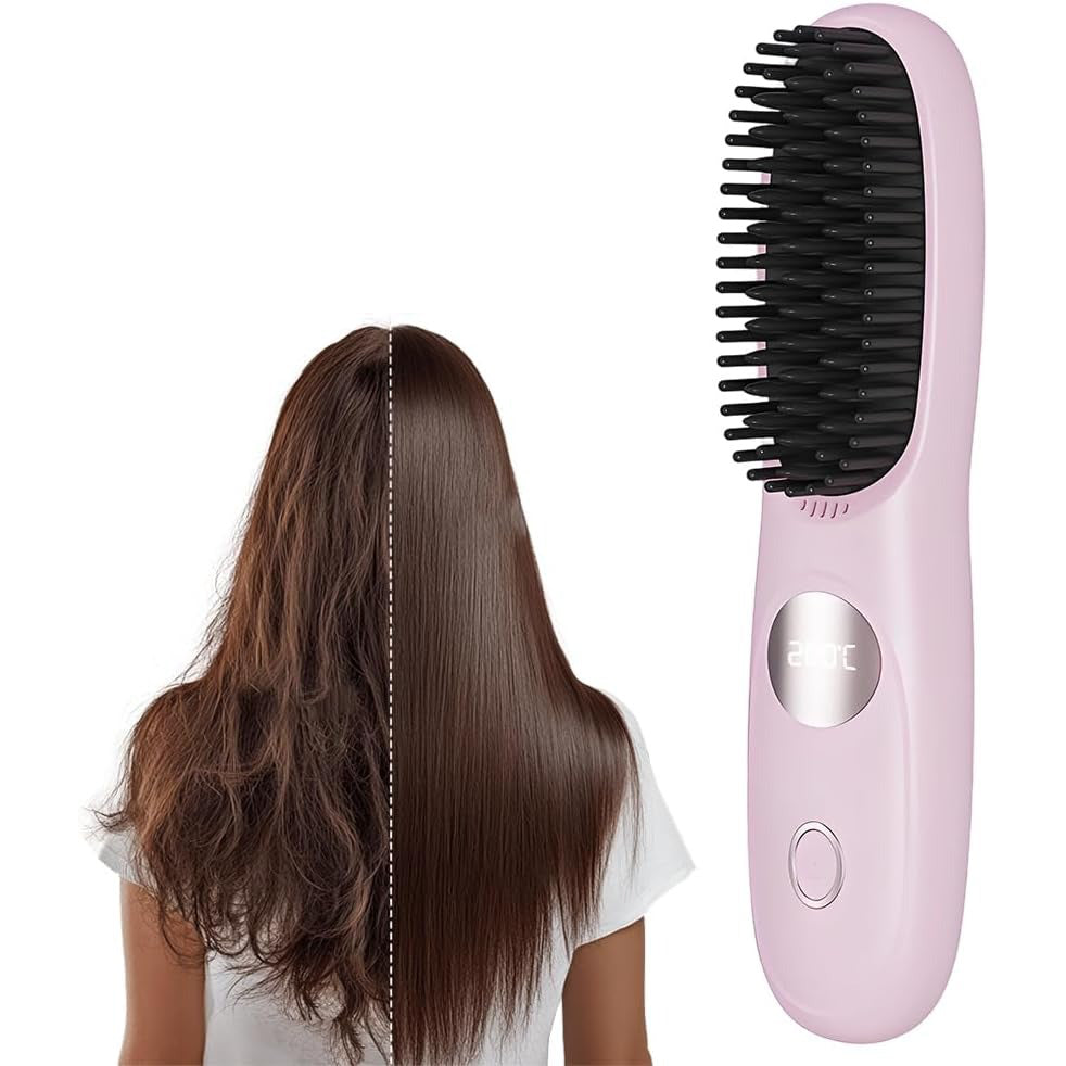 Cordless Hair Straightener Brush Comb with 3 Temperature Settings & Led Display, USB Rechargeable Fast Heating for Travel