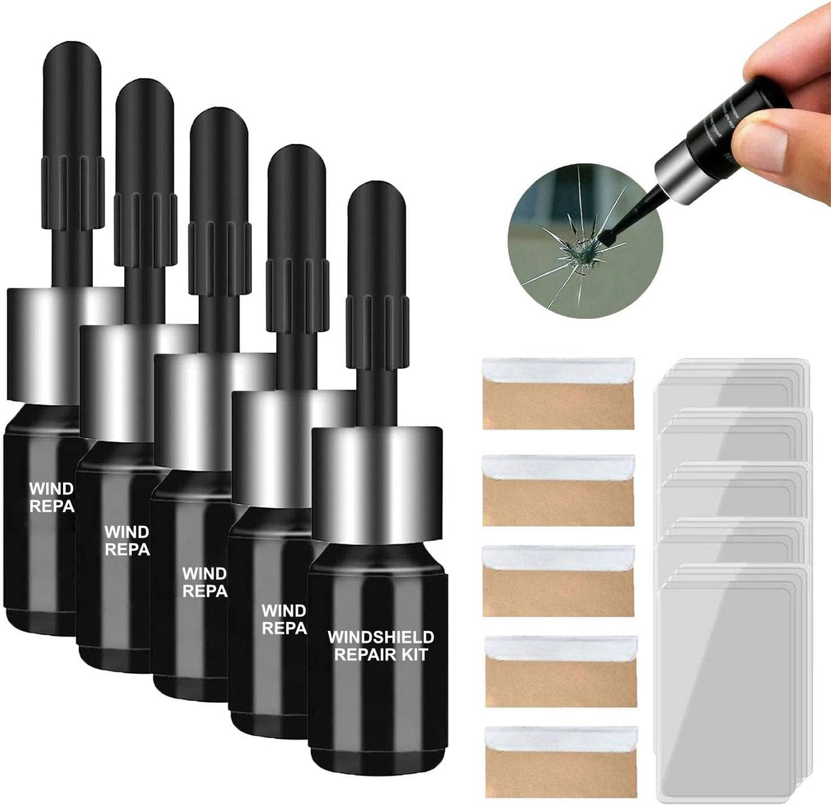 Glass Crack Repair Kit with Adhesive Formula and Curing Strip for 12in Damage