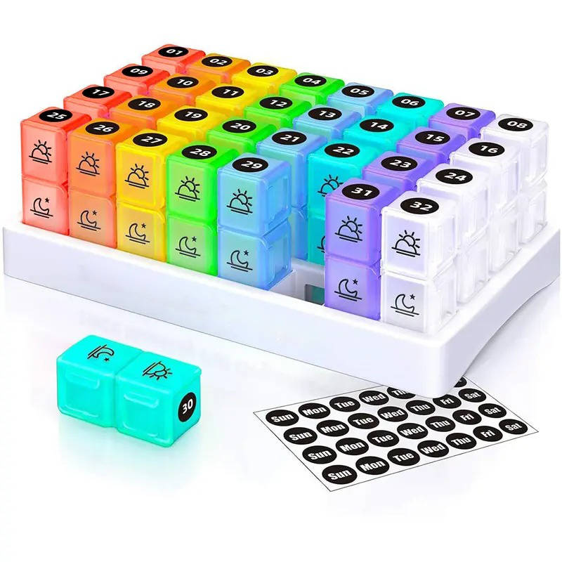 Monthly Pill Organizer 2 Times a Day, 31 Day Am/Pm Pill Box Set with Stickers & Large Storage Case, Twice a Day Medication Planner