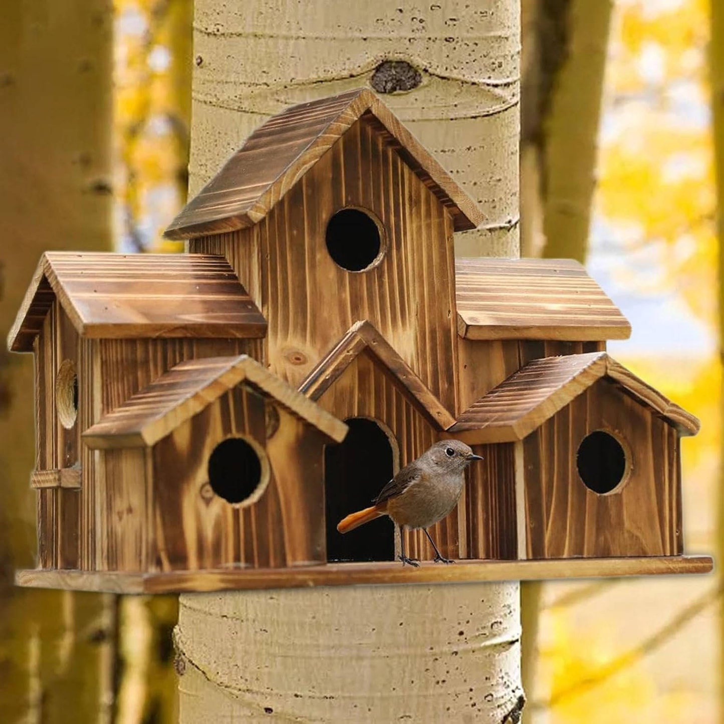 Natural Wooden Bird House, Hanging Bird Feeder Villa for Outdoor Garden & Yard, Decorative Wild Bird Nest