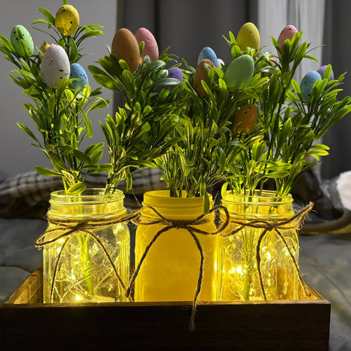 Easter Centerpiece Table Decorations with Wood Tray & LED Lights, Dining Room & Kitchen Table Runner Decor