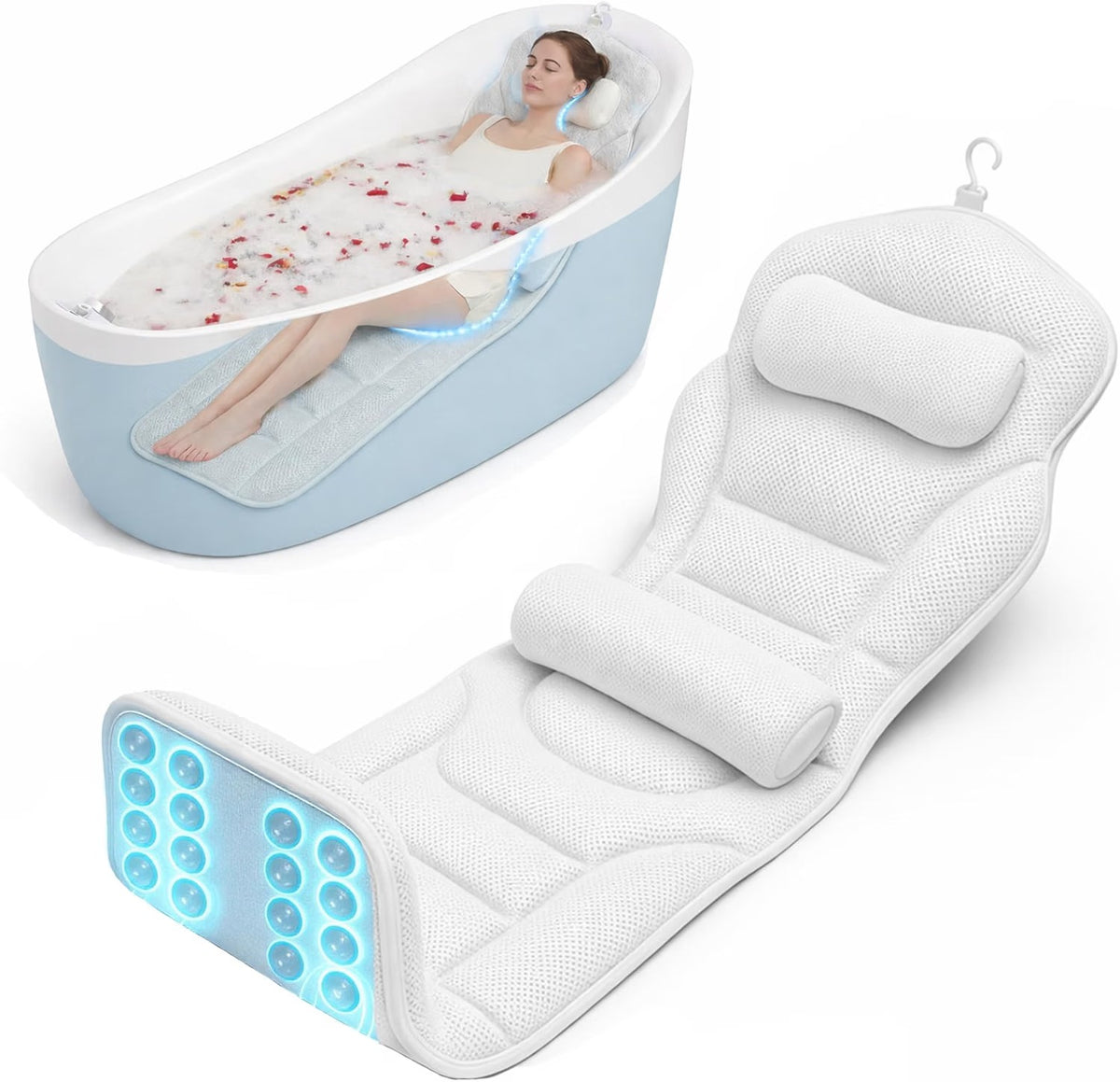 Full Body Bathtub Pillow with Lumbar Support, 5D Air Mesh Bath Cushion with 168 Suction Cups