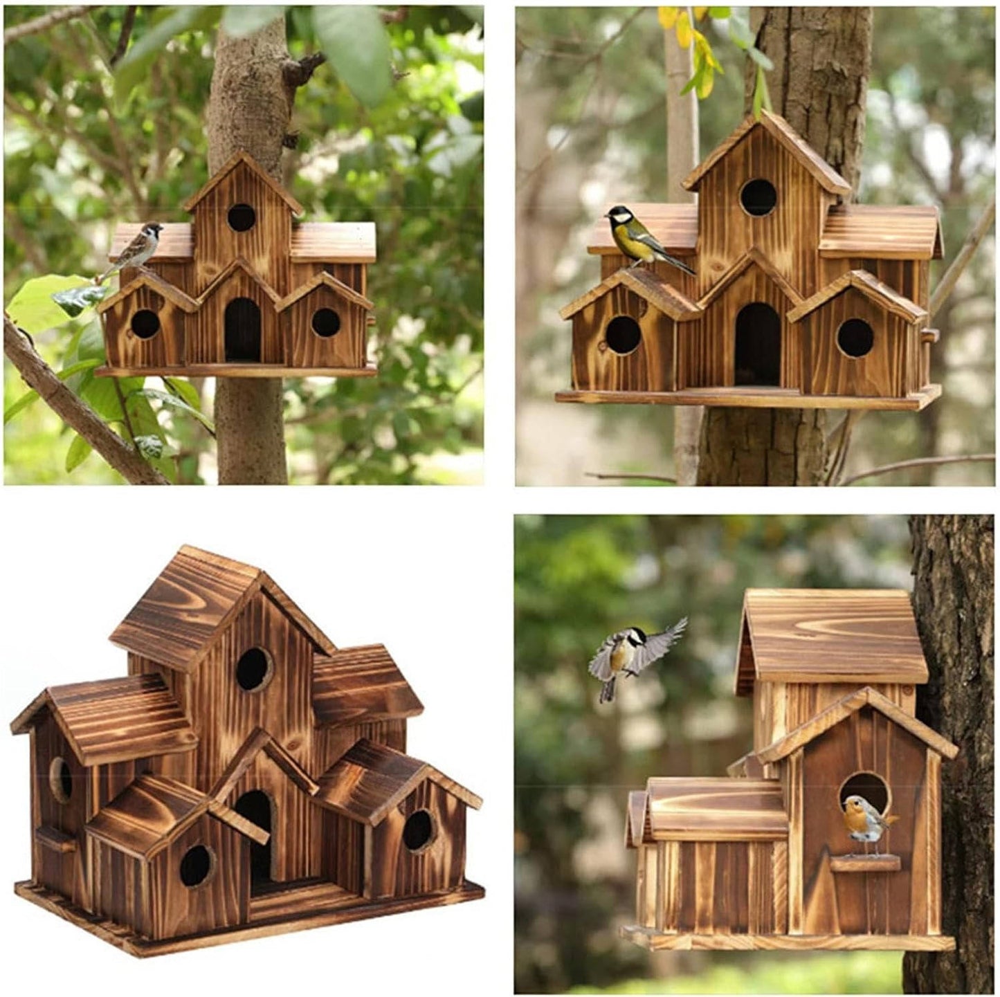 Natural Wooden Bird House, Hanging Bird Feeder Villa for Outdoor Garden & Yard, Decorative Wild Bird Nest